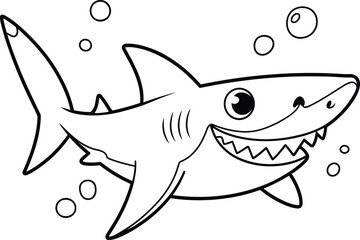 Fototapeta premium Cute cartoon shark swimming underwater with bubbles kids coloring page marine animal line art illustration design