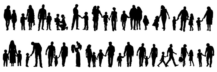 Big set of family silhouettes with parents and children walking standing and interacting