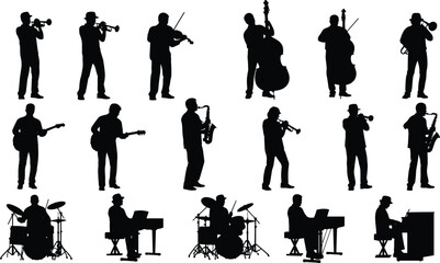 Musician silhouettes playing instruments, jazz band vector set, musical performers outline, black and white illustration, ensemble collection © Creative Rejia