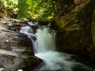 Fototapeta premium Water cascading over rocks in lush forest stream