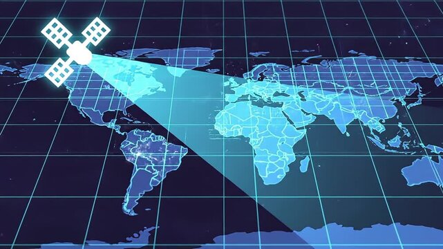 Satellite transmitting data across the globe with a light beam projected over a map background