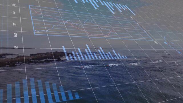 On timeline start translucent blue HUD overlay rising over ocean, sliding right and showing trends