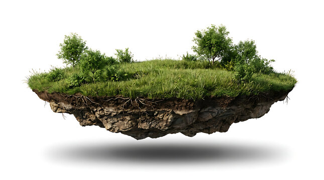Floating island of green grass and soil isolated on white background