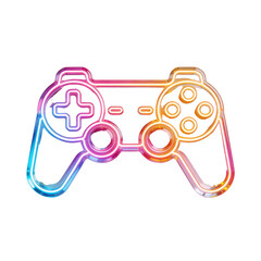 Obraz premium 3D neon-styled game controller icon with cyan and pink dual-color outlines and crystalline glass body isolated on transparent background. Vibrant gamepad with chrome details.