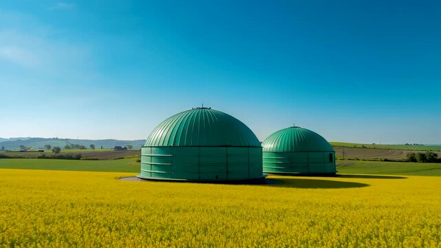 Two green geodesic domes standing in vast yellow rapeseed field under clear blue sky in rural landscape