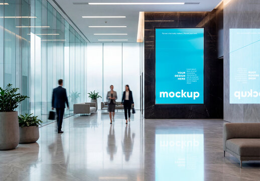 Reflective Office Lobby Billboard Mockup with People