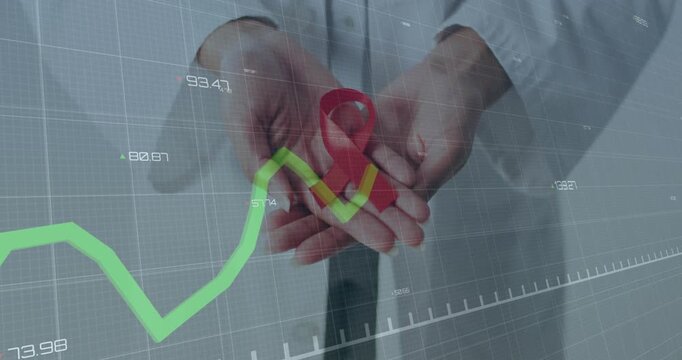 Gloved hands cupping red HIV ribbon while data update moving green graph and highlighting HIV stats