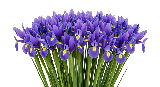Large Bouquet of Purple Dutch Iris Flowers with Yellow Accents Isolated on White Background