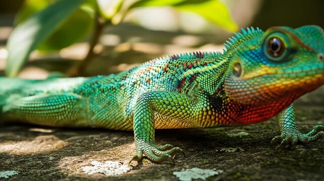 A vibrant, green, blue, and orange lizard with large eyes and a spiky back lies on a tree branch with blurred leaves