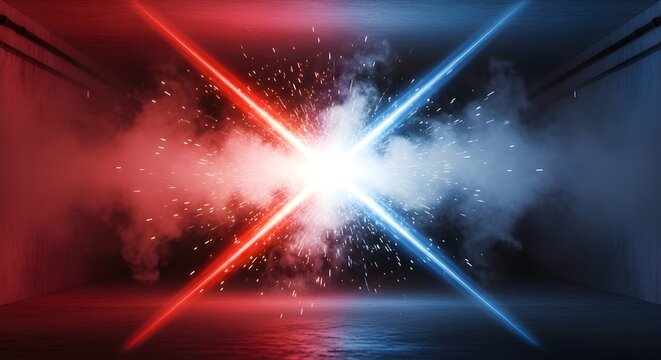 Epic light sword battle, blue vs red, creating a dynamic clash of energy and smoke, symbolizing conflict and competition