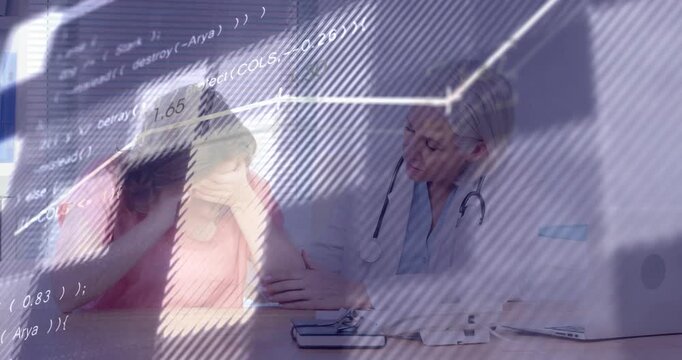 Patient showing distress Dr comforting while on laptop in clinic with charts and code overlaying