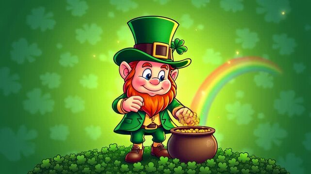 St. Patrick's Day leprechaun cheerful pose, vibrant green shamrocks background, pot of gold with rainbow, cartoon illustration