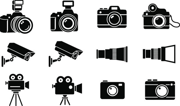 Camera and photography equipment icon set, DSLR camera, security camera, lens and video camera symbols, media technology vector silhouette collection