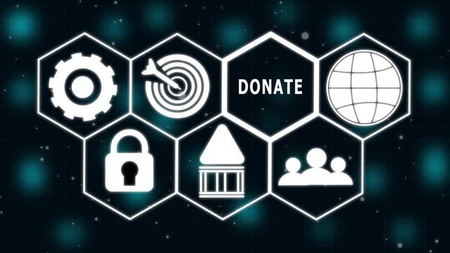 Donate concept button. Hi tech motion graphic background, white flickering dots on dark background. 4K video motion graphic
