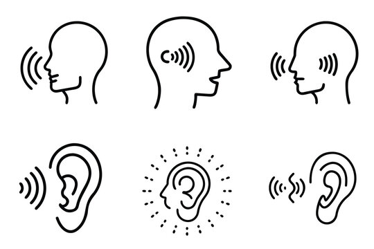 Hearing and speaking line icon set featuring human ear sound wave and person talking for audio communication and sensory perception and more vector illustration or editable stroke