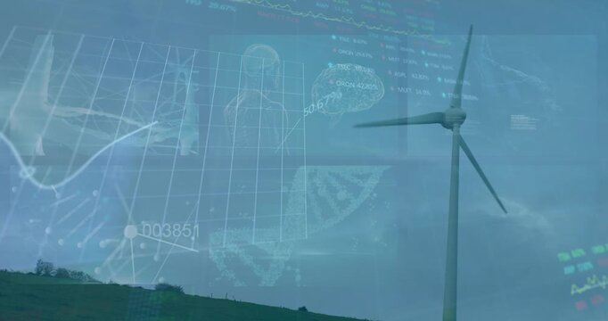 Sequence advancing, wind turbine rotating on hill, HUD overlay amplifying and tracing energy chart