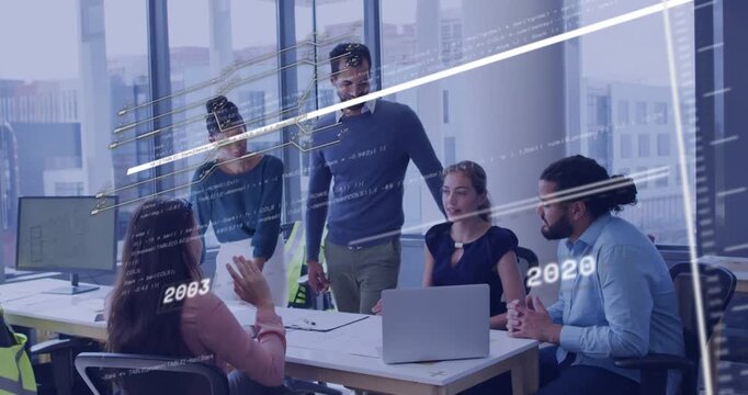 Lead tapping laptop tech team discussing data timeline showing years sliding over group for review