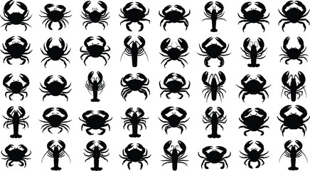 Fototapeta premium Crab and lobster silhouette collection, seafood crustacean icon set, marine animal vector illustration, ocean wildlife clipart, black seafood symbols isolated