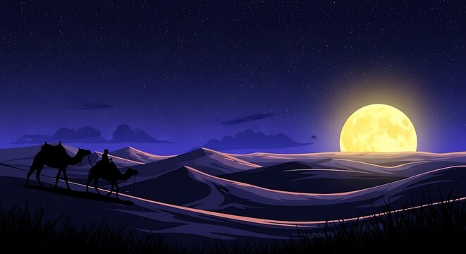 Camels walking in the desert under a full moon at night
