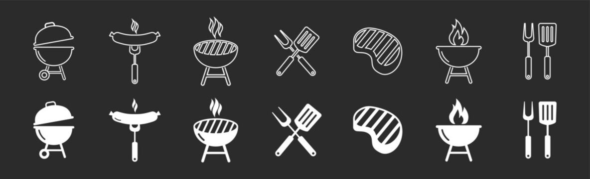 Grill barbecue bbq food cooking and outdoor utensil icon pack in minimal black style vector illustration