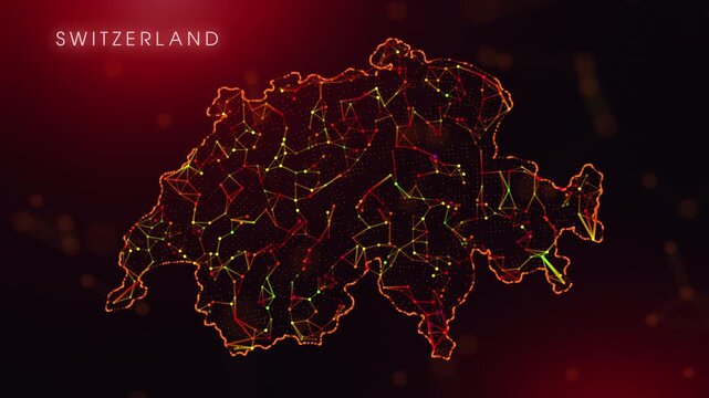 A dynamic motion video showcasing the Switzerland country border through a colorful plexus reveal. Glowing red and orange dots represent high-tech data communication and global digital networks.