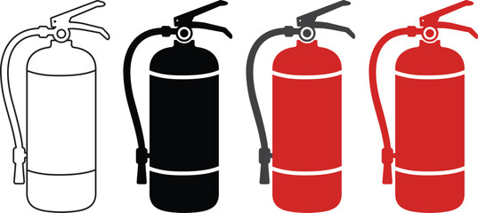 Obraz premium Fire extinguisher icon set. Fire safety equipment for emergency protection vector isolated on transparent background. Professional firefighting tools for industrial and home security design.
