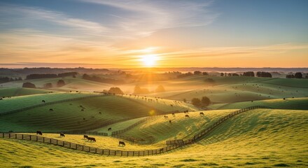 Rolling green hills at sunrise with a distant sun in a peaceful landscape