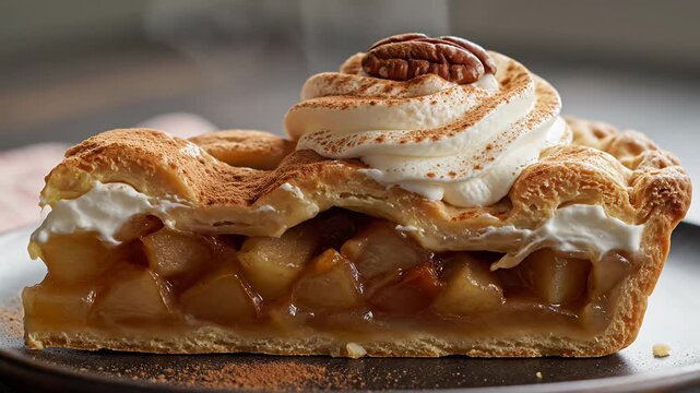 Warm apple pie slice with whipped cream and pecan