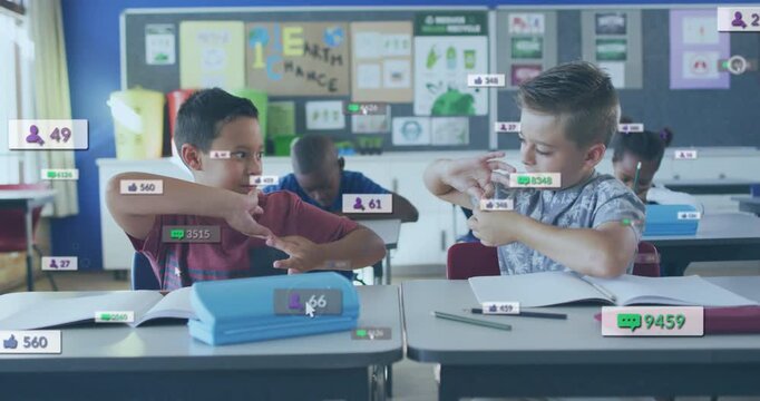 Teacher asking question in class, students discussing social media effects while icons floating