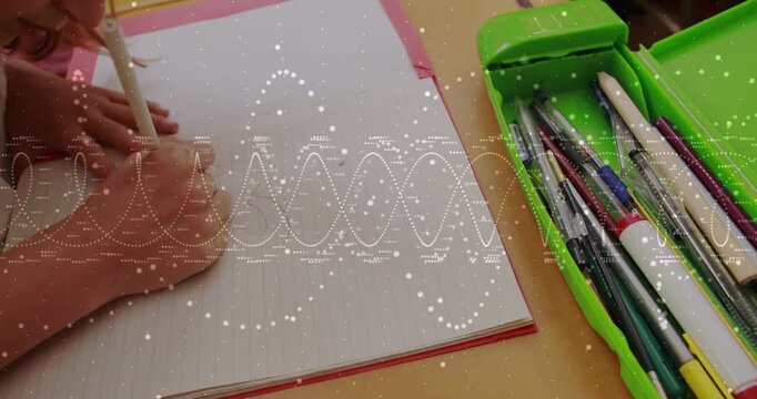 Student drawing on notebook, lifting pen, reaching green pencil case and choosing pen for education