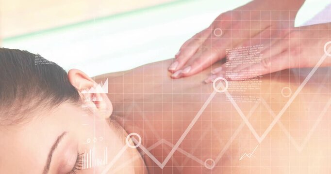 Therapist oiling client starting massage moving deeper charts animating over back easing tension