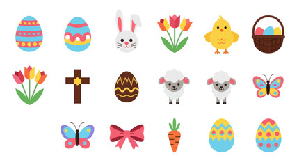 Fototapeta premium Easter icons eggs bunny chicks and flowers