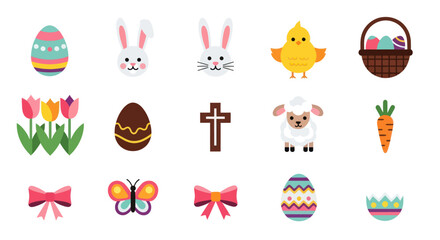 Fototapeta premium Easter icons eggs bunny chick and symbols