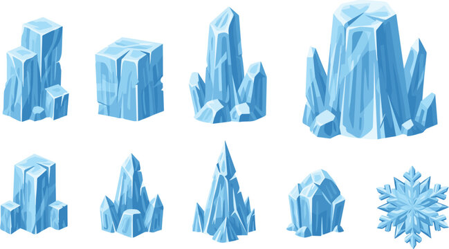 Blue ice crystal and glacier rock collection with frozen formations, icy cliffs, and snowflake winter vector illustration