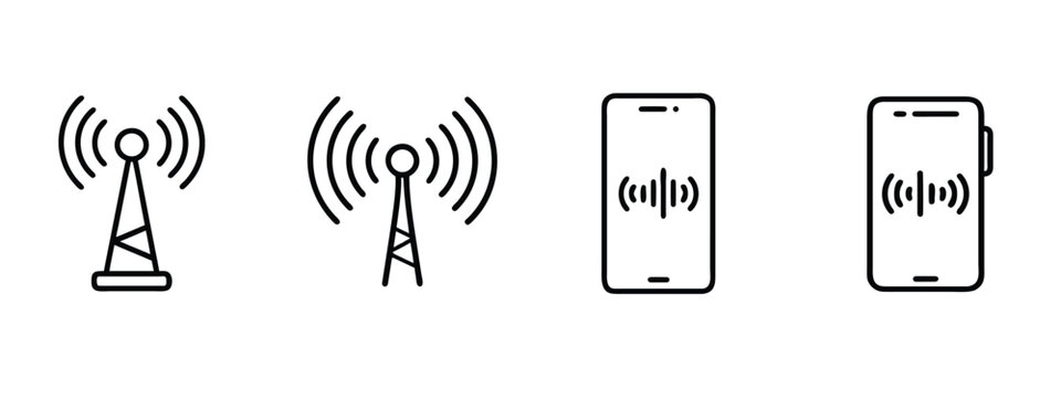 Wireless signal and mobile broadcast line icon set featuring radio tower and smartphone with sound wave for telecommunication and network and more vector illustration or editable stroke
