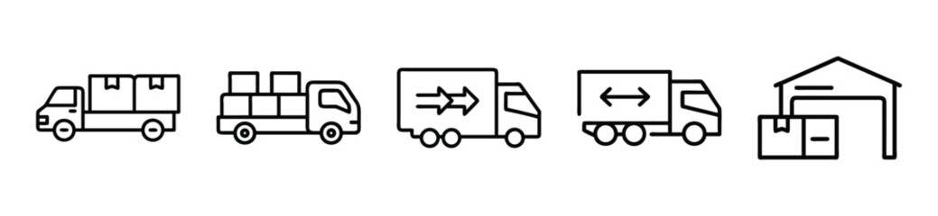 Fototapeta premium Delivery trucks and warehouse loading icons for logistics and transportation concepts