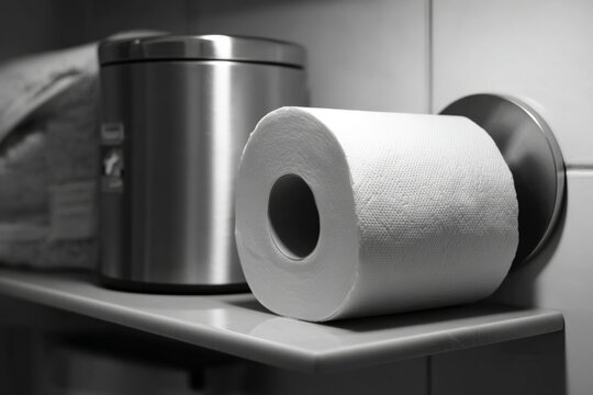 Toilet paper roll sitting on a metal shelf next to a coffee maker. The bathroom supplies are organized and neatly stored, suggesting cleanliness and order.