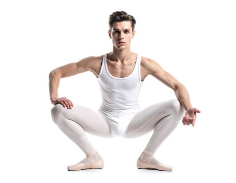 Man in white ballet attire squats with hands out. Isolated against a white backdrop in a dance pose