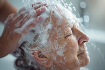 Obraz premium Caregiver Washing an Elderly Woman's Hair in a Shower