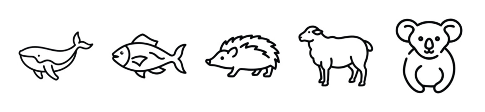 Cute animal icons featuring a whale, fish, hedgehog, sheep, and koala