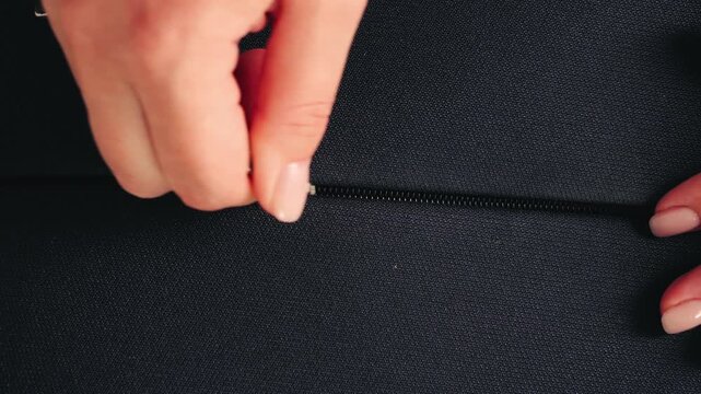 Zipper on suitcase close up, fingers pull at the zipper tab. Packing bags. Travel preparation concept.