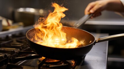 Flames and smoke rising from a hot skillet as a chef skillfully cooks on an industrial stove, capturing the intensity of culinary art.