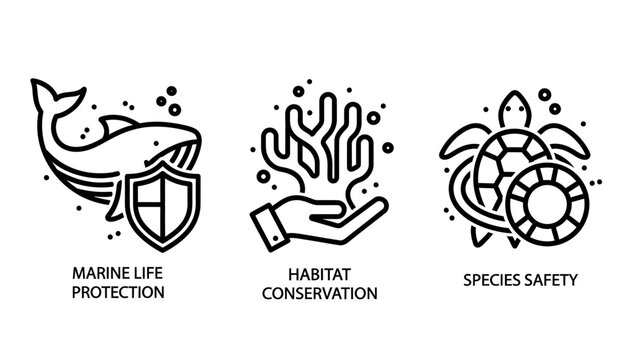 Environmental conservation icons for marine life protection, coral reef habitat preservation, and endangered sea species safety in line art.