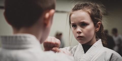 Obraz premium Two children in martial arts uniforms practicing together.