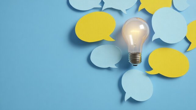 Illustrative concept of ideas and creativity symbolized by light bulb surrounded by speech bubbles on blue backdrop.