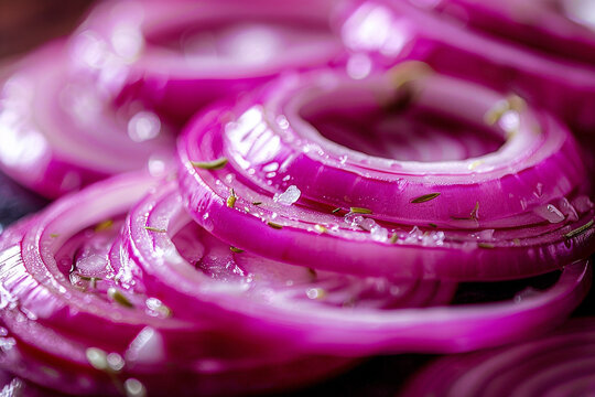 Pickled Red Onion Rings with Sea Salt and Herbs Macro