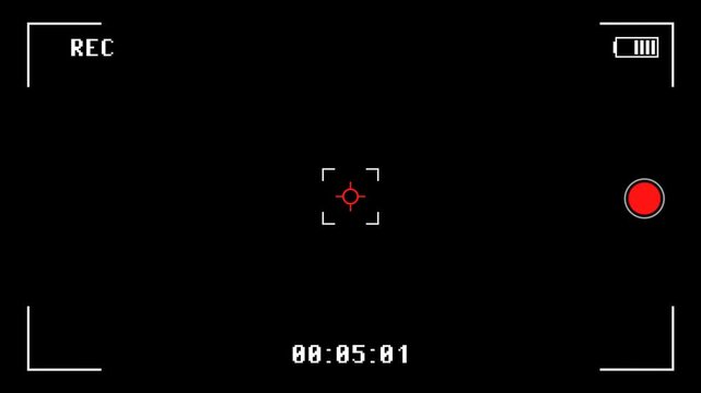 Camera recording interface with REC indicator flashing and timecode counting up on black background with alpha channel