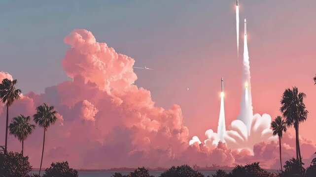 Rockets launch into the sky from a coastal area during sunset with colorful clouds in the background and palm trees nearby