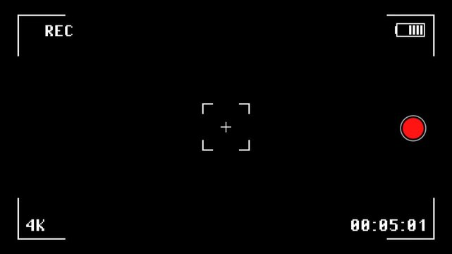 4k camcorder display view with recording indicator, battery level, and timecode for professional videography footage. volume knob on black