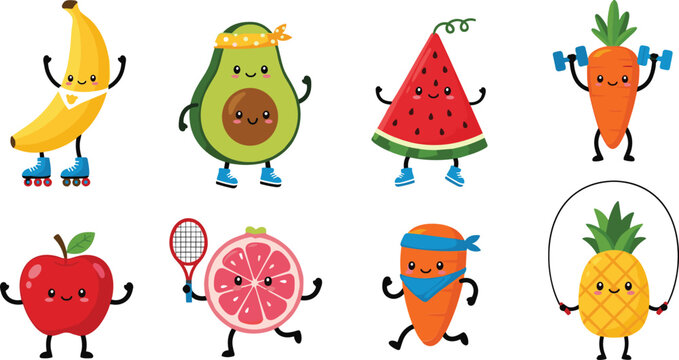 Cute cartoon fruit and vegetable fitness characters with banana, avocado, watermelon, carrot, pineapple exercising vector illustration set
